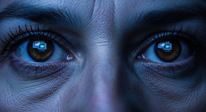 Closeup of human eyes reflecting a computer screen in a dark room
