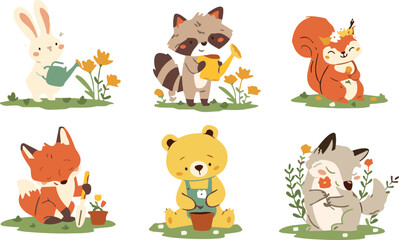 Fototapeta premium Cute Forest Animals Gardening Vector Set with Rabbit, Raccoon, Squirrel, Fox, Bear, and Wolf Planting Flowers for Spring and Autumn Kids Designs