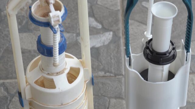 Comparison of old dirty toilet flush valve and a new replacement mechanism, Old vs new toilet cistern mechanism, plumbing repair concept.