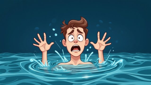 Surprised boy drowning in a swimming pool. Cartoon digital illustration with a colorful style.