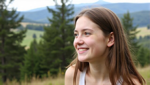 Pretty woman posing with smile on trail, greenery around her, clear blue sky, outdoor adventure concept.