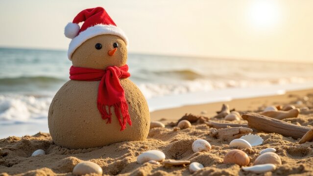 A festive sandman wearing Santa's hat and scarf, set on a seashell beach during the holiday season.