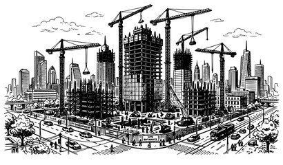 Fototapeta premium SEO Title Urban Development and Tower Crane Landscape Sketch Vector Illustration