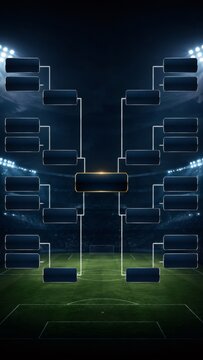 Soccer tournament bracket showing playoff schedule on stadium pitch background
