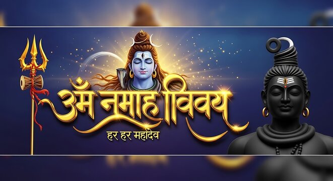 Om namah shivaya sacred hindu mantra text with shiva deity statue and trishul on dark blue background