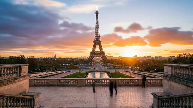 Sunset Over Eiffel Tower in Paris with Dramatic Sky