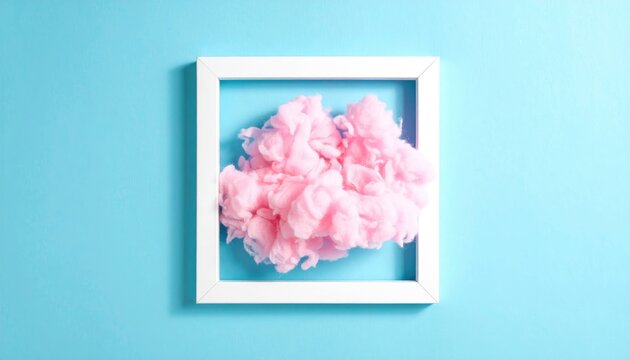 Fluffy pink cloud formation presented inside a square white frame set against a light blue background