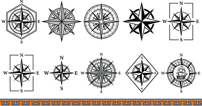 Vintage Nautical Compass Rose Vector Icon Set with Diverse Vintage Windrose Designs and Ship Element for Maritime Navigation, Maps, and Tattoos