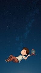 Fototapeta premium A cartoon of a boy floating in space, holding a stuffed toy.