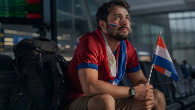 Devoted soccer fan traveling to support team, wearing jersey with flag face paint