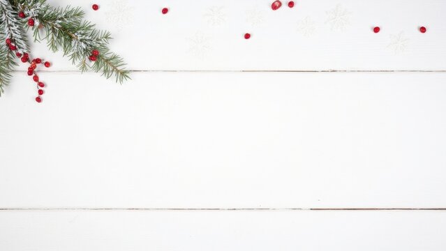 Decorated wooden board with pine branches and red berries