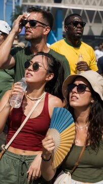 Football fans cheering in a public viewing area on a hot summer day