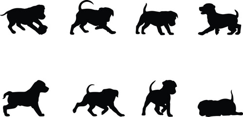Playful Puppy Dog Silhouette Set Collection in Various Poses Vector Illustration © Candek