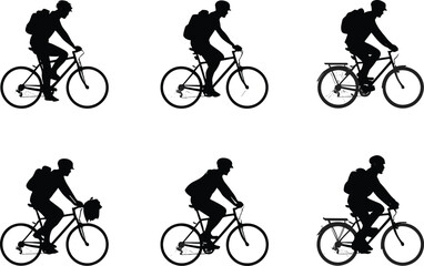 Obraz premium Cyclist Silhouette Set Featuring Urban Commuters Riding Bicycles with Backpacks