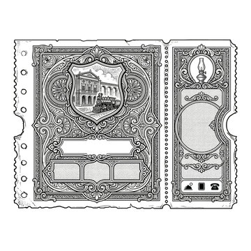 Ornate vintage ticket template with steam train engraving and decorative certificate border