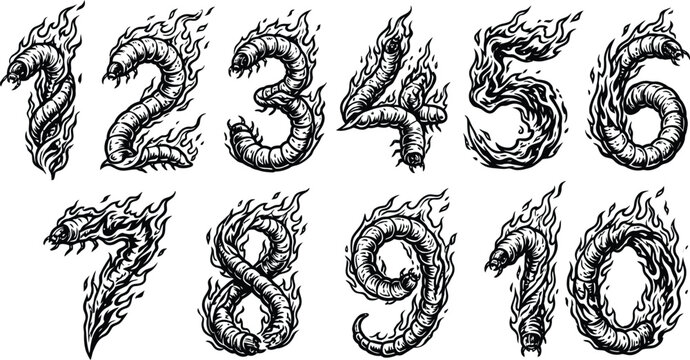 Black and white illustration of numbers one through ten, stylized with dynamic flames and fiery textures, presented in an artistic, hand-drawn style.