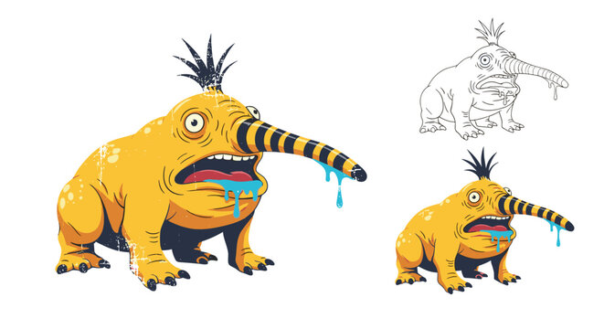 Funny weird yellow monster with a long striped snout and drippy blue saliva, featuring three vector variants.