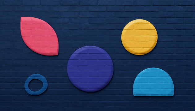 Colorful Abstract Geometric Shapes on Dark Blue Brick Wall