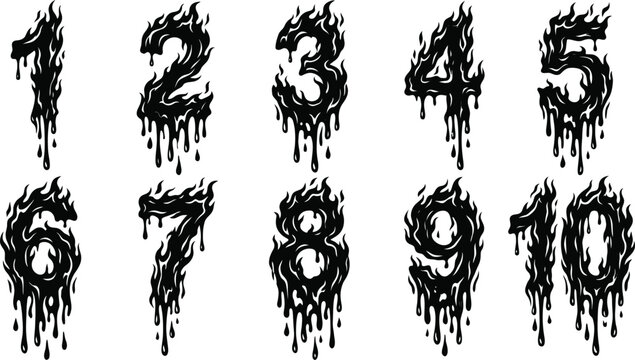 Set of black numbers 1 to 10 with a dripping, fiery, and melting grunge style effect, isolated on a white background for graphic design.