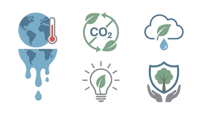 Collection of icons representing environmental issues and solutions, including global warming, CO2 reduction, and renewable energy.