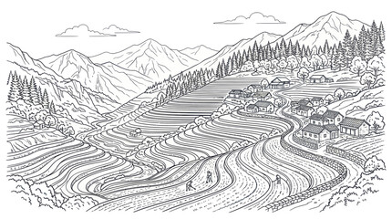 Fototapeta premium Terraced rice fields and scenic mountain village landscape