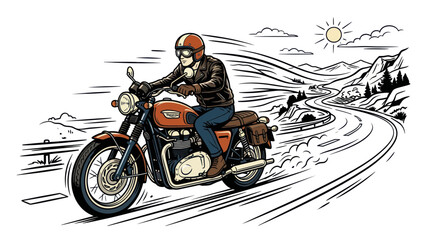 Man riding a vintage motorcycle on a winding mountain road © Suyat