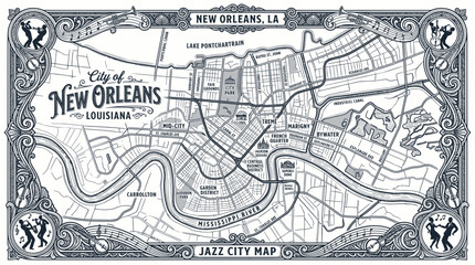 New orleans louisiana city map with ornate jazz music border © Suyat