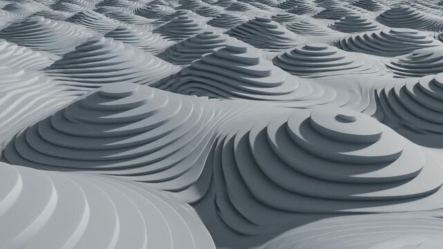 Monochromatic 3d abstract landscape with layered circular terrain, topographical relief, rolling hills, and smooth contours, clean digital render