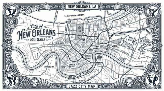 New orleans louisiana city map with ornate jazz music border