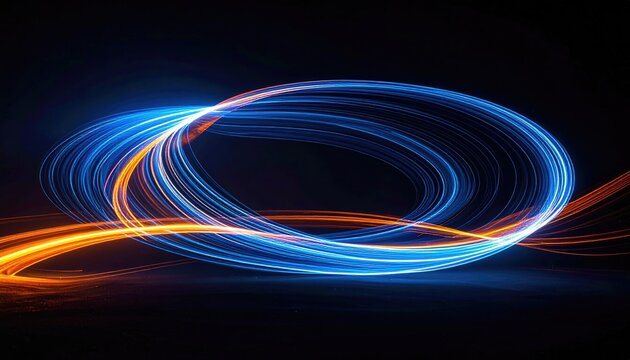Swirling, luminous lines of blue and orange energy intertwine against a stark black backdrop, creating dynamic movement