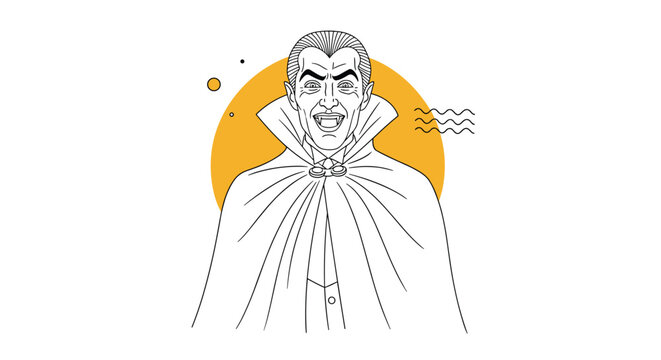Vintage line art portrait of laughing vampire dracula wearing a high collar cape against a yellow circle background.