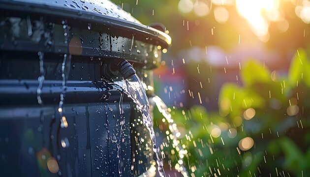 Water flows from a downspout on a rainy day