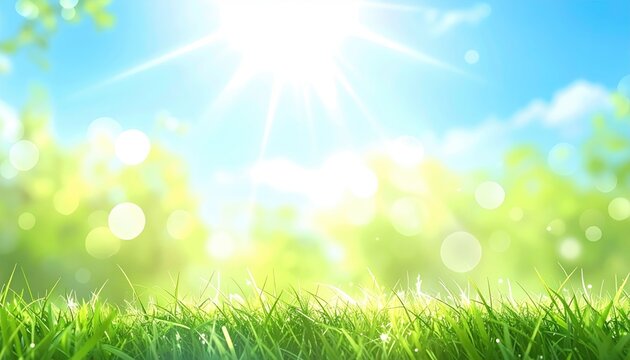 A serene, bright daytime scene of verdant grass and trees under a sunny, bokeh-filled sky