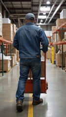 Fototapeta premium An employee in a warehouse pushing a cart stacked with pallets, wearing work attire.