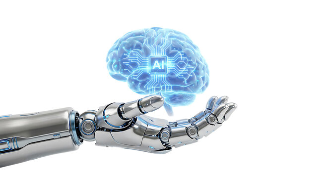 Futuristic robotic hand holding glowing blue artificial intelligence brain circuit symbol on transparent background for technology innovation and science concept.