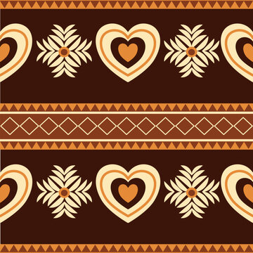 A vintage-inspired seamless band pattern in warm chocolate brown and cream tones. Features interlocking stylized hearts and complex geometric panels in a classic, repeating border design. Ideal for ru