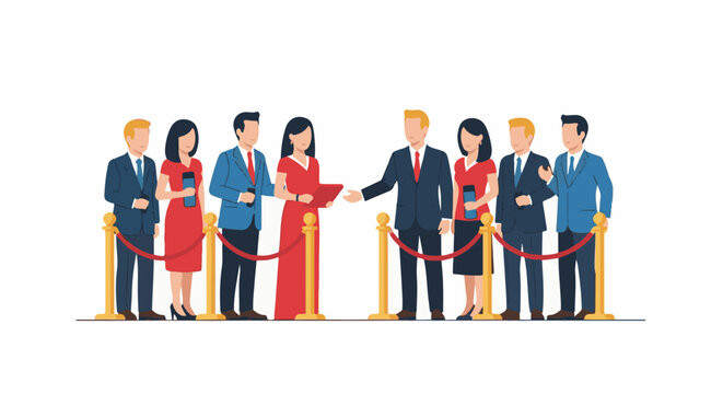 Formal crowd gathers behind stanchions on a red carpet event, holding phones