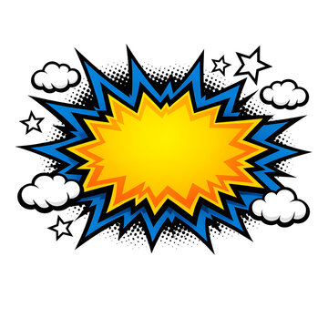 Empty comic book speech bubble explosion with line art stars and clouds isolated on white background vector