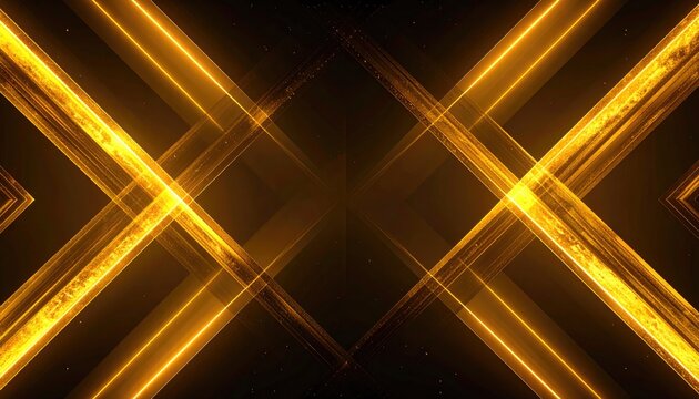 Symmetrical abstract golden beams shine on dark backdrop with subtle sparkle, creating sharp geometric patterns and forms