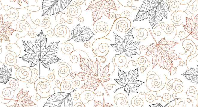 Beautiful scratchboard line art seamless pattern of fall leaves and elegant golden swirls on a clean white backdrop.