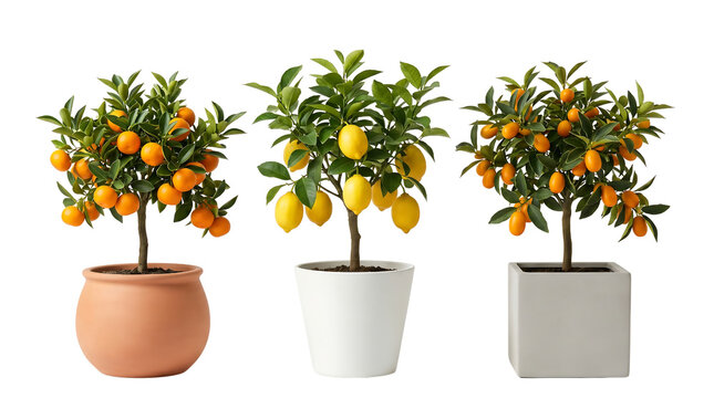 Three potted citrus trees, one with oranges, one with lemons, and one with kumquats, displayed against a white background.