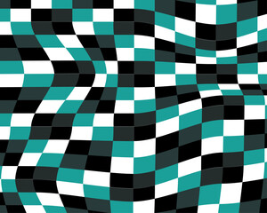 Obraz premium Teal Black and White Distorted Checkered Pattern Background with Wavy Optical Illusion Effect for Modern and Retro Designs