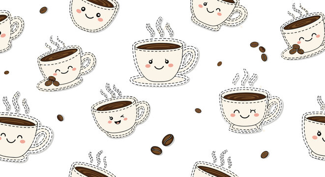 Kawaii seamless pattern with cute cartoon coffee cups expressing happy smiling faces and roasted beans on white.