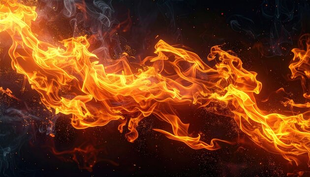 Orange flames and smoke swirled together in a dark background, creating an abstract, dynamic composition