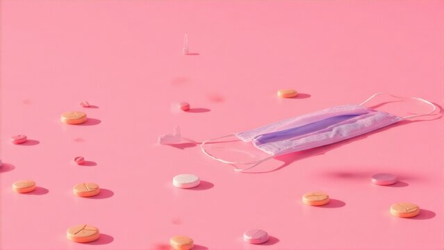 Female reproductive health care items on pink background. Pills, condoms and other health products.