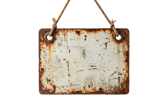 Distressed weathered rusty metal sign suspended by rough twine rope with brass eyelets, isolated on transparent background, representing vintage signage or decorative element.