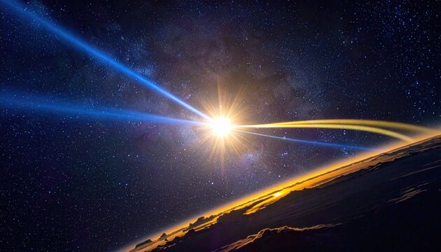 Bright light bursts across dark space over a planet's glowing horizon, shining beams toward a starry galaxy background