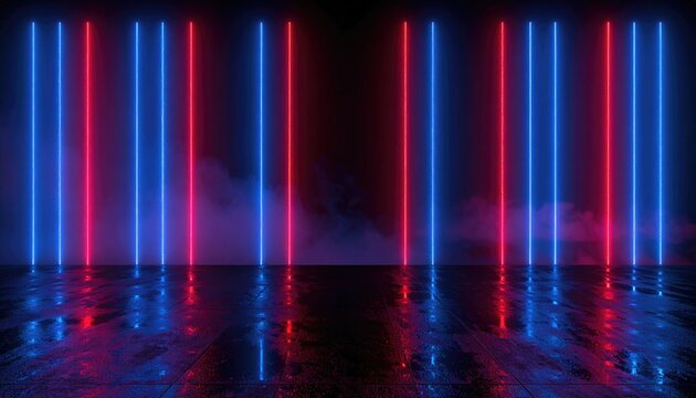 Abstract Neon red and blue vertical lights glow on a wet, reflective floor with smoke against a dark background