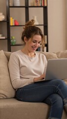 Fototapeta premium A woman is sitting on a couch, smiling while working or browsing the internet using a laptop computer. The scene suggests a comfortable home environment where technology is integrated into daily life.