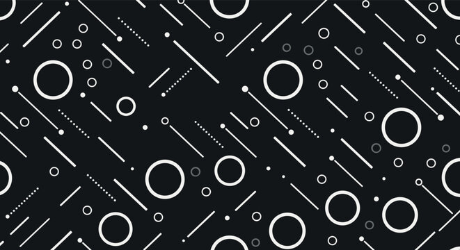 Minimalist abstract seamless pattern featuring white geometric diagonal lines and circles on a solid black background.